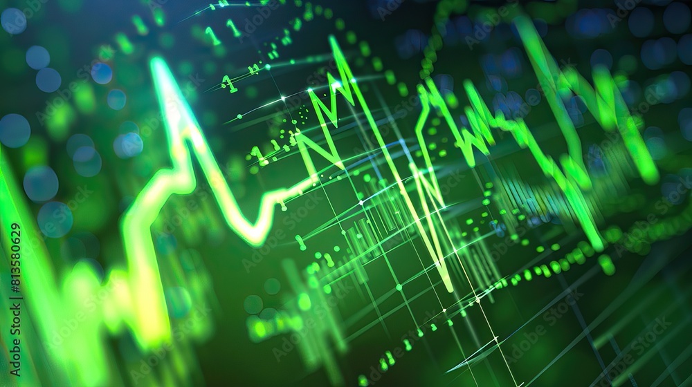 Glowing green stock market chart with upward trend on digital screen Glowing green stock market chart with upward trend on digital screen