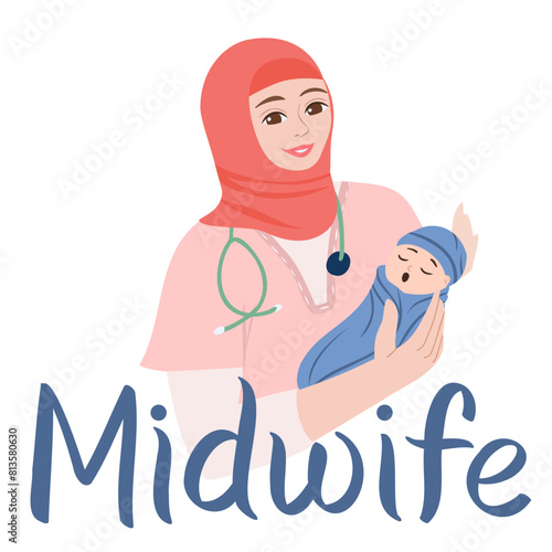 Midwife holding a baby in her arms. Vector hand drawn illustration. International Midwife Day postcard design. A smiling female nurse wearing headscarf and holds a newborn baby. 