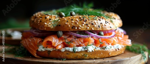 The bagel is topped with smoked salmon, cream cheese, red onion, capers, and dill