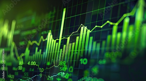 Glowing green stock market chart with upward trend on digital screen