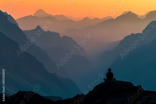 Silhouette of a monk sitting on top of a mountain.