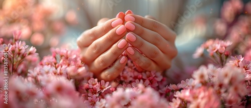 Pink flowers and pink nail polish on a woman's hands
