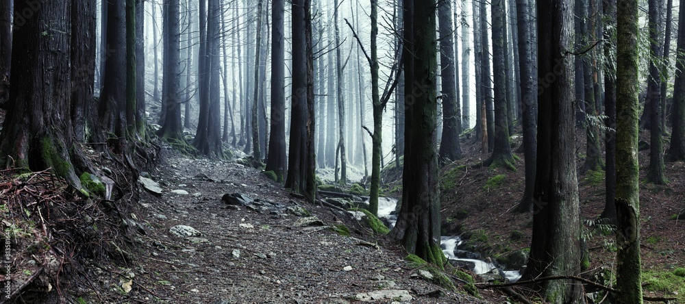 Naklejka premium Walking trail through a dark misty forest