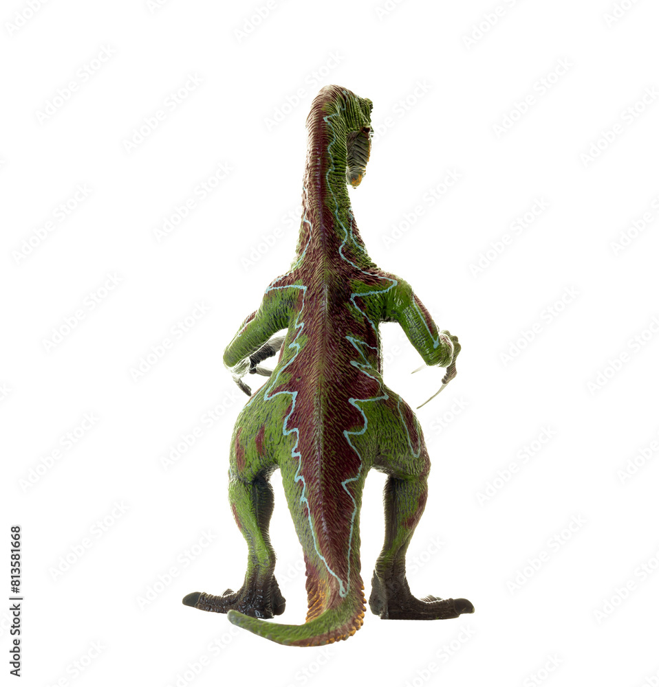 Dinosaur Rear Toy dinosaur Therizinosaurus, a prehistoric creature, on transparent ...