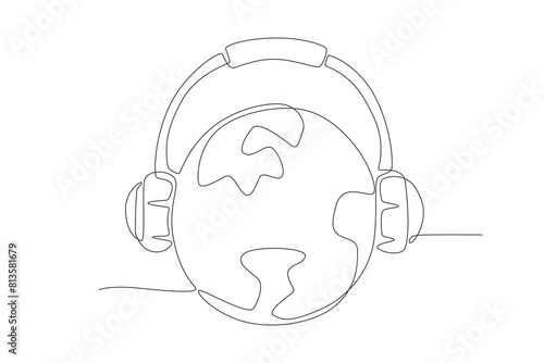 Earth using headphones.World music day one-line drawing