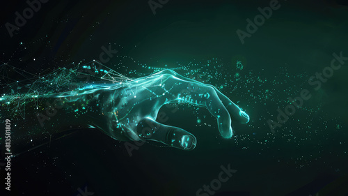 Digital hand hologram on dark background   Neural network connection concept