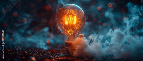 Light and swirling smoke emanating from an incandescent bulb on a dark background, representing ideas and overheating.
