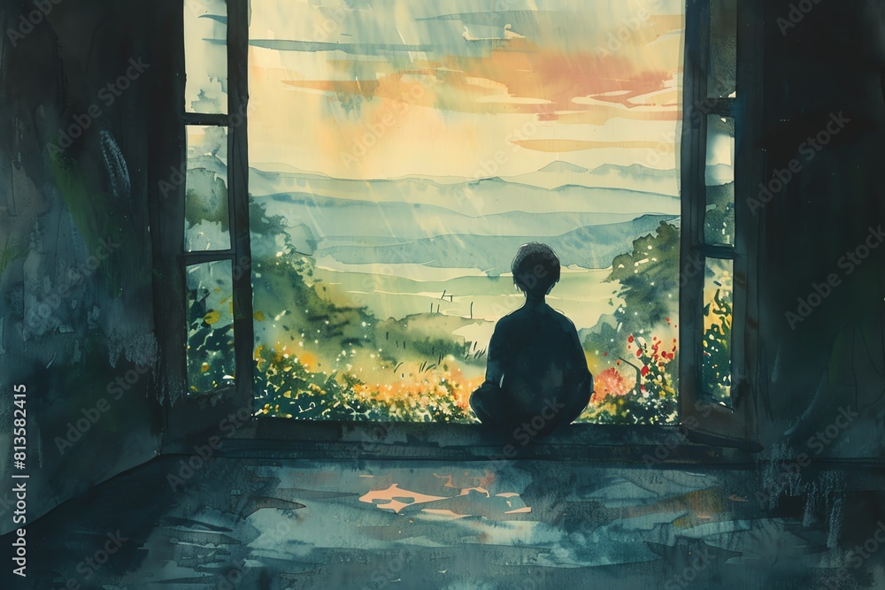 A girl sitting in front of a window and looking at the mountains