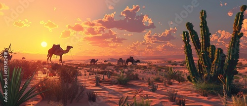 Camels in the beautiful desert at sunset. photo