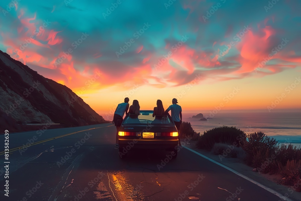 Couple on a road trip on a beautiful sunset in the mountains