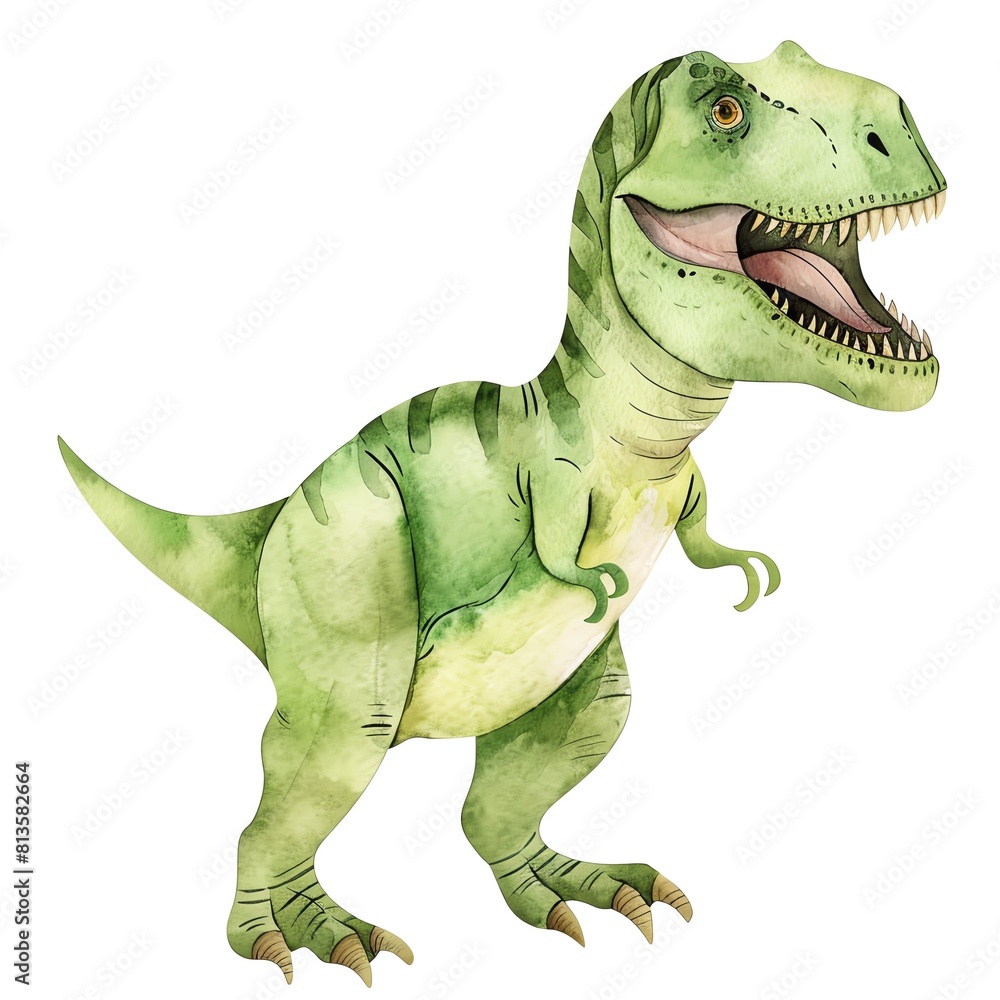 Obraz premium A watercolor illustration of a Tyrannosaurus Rex. The dinosaur is green and has a large mouth with sharp teeth. It is standing on its hind legs and has its tail raised in the air.