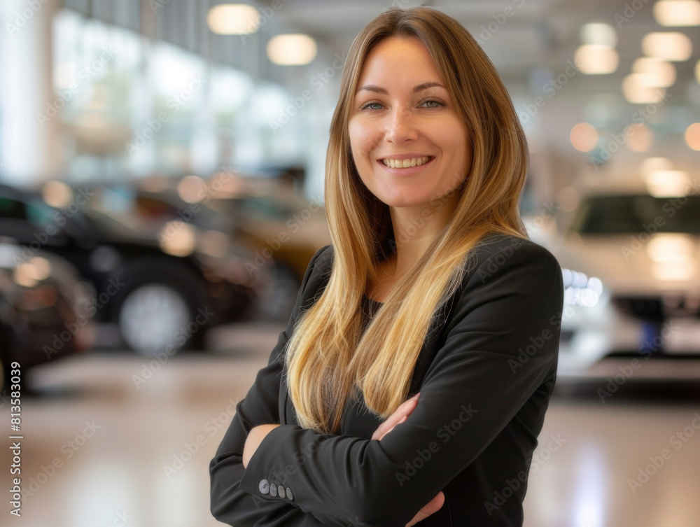 Portrait of beautiful business person smiling consultant in car salon. Car dealer in showroom Portrait of beautiful business person smiling consultant in car salon. Car dealer in showroom