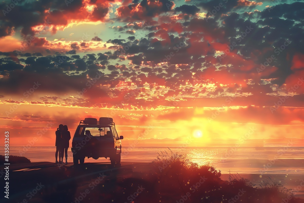 Silhouette of a family on a road trip in the sunset. Silhouette of a family on a road trip in the sunset.