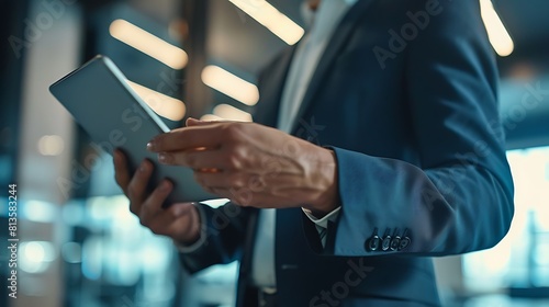 Happy Business Person Using Tab in Plain Office Background, Happy, business person, plain office