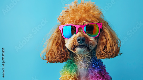 Poodle wearing sunglasses with vibrant colored frames and colorful hair , on pastel blue background ©  Mohammad Xte