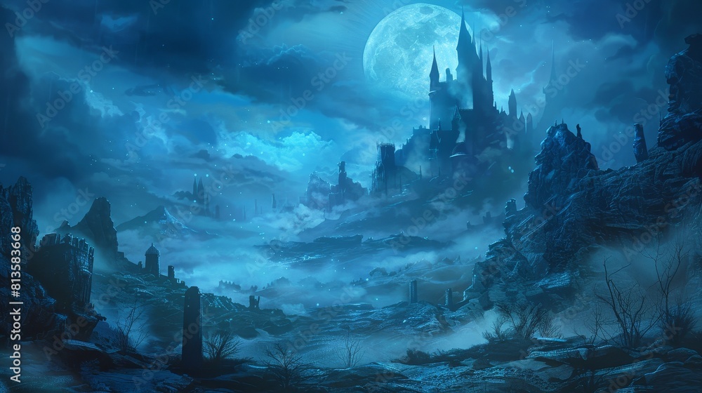 Concept Art of a gothic horror setting, with haunted castles and foggy landscapes under a moonlit sky