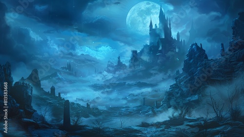 Concept Art of a gothic horror setting  with haunted castles and foggy landscapes under a moonlit sky