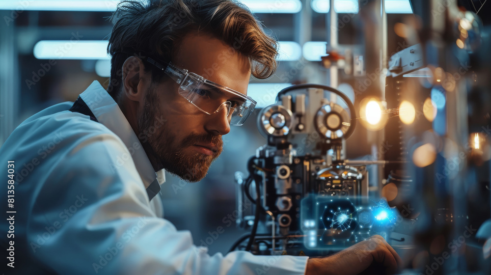 Handsome engineer working on his robot design. and it is turned off. The engineer changes some settings on the hologram screen. Generative AI. Handsome engineer working on his robot design. and it is turned off. The engineer changes some settings on the hologram screen. Generative AI.