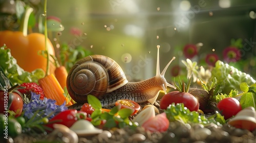 A snail amidst a colorful, fresh assortment of vegetables under a sunlit garden setting, showcasing a sense of growth and vitality