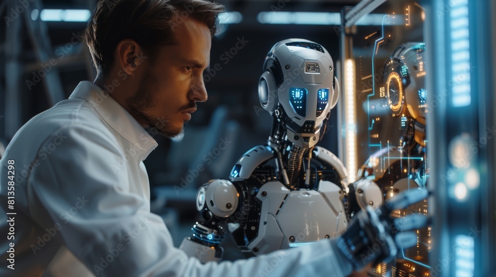 Handsome engineer working on his robot design. and it is turned off. The engineer changes some settings on the hologram screen. Generative AI.