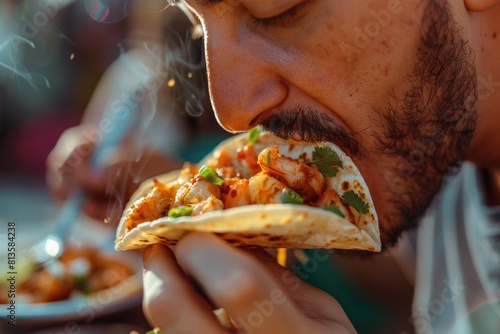 Eating Shrimp. Man Bites into Delicious Taco in Casual Cafe Setting