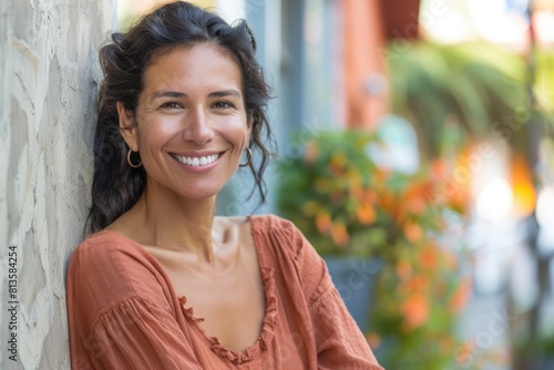 Happy Hispanic Woman Smiling Beautifully in Casual Attire at City Background