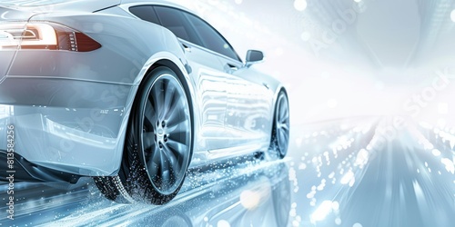 Luxury sports car in motion on a modern futuristic blue background with light effects