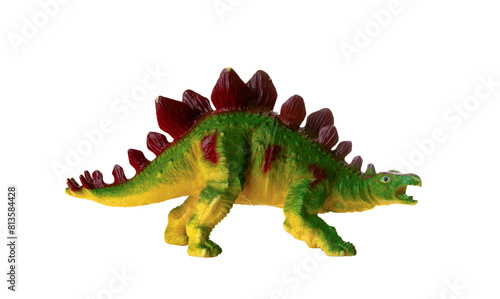 Realistic plastic model of a Stegosaurus dinosaur on white background.