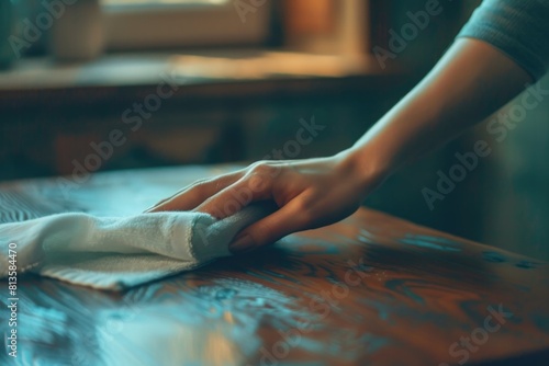 Surface Clean. Woman's Hand Wiping Work Desk in Close-up Shot