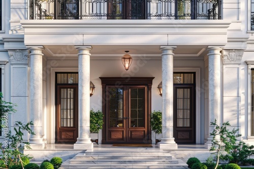 Home Entrance. Luxury Villa Facade with Grand Portal  Balcony  and Front Door