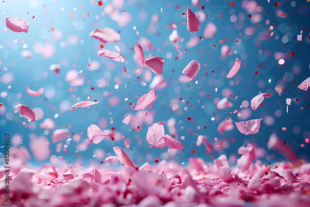 pink confetti petals falls. confetti, streamer, tinsel on a blue background