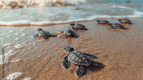 Baby turtles making their way to the sea at sunset  with warm golden light and sparkling water.