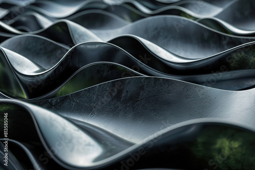 Abstract 3D landscape of undulating metallic black waves in a minimalist design