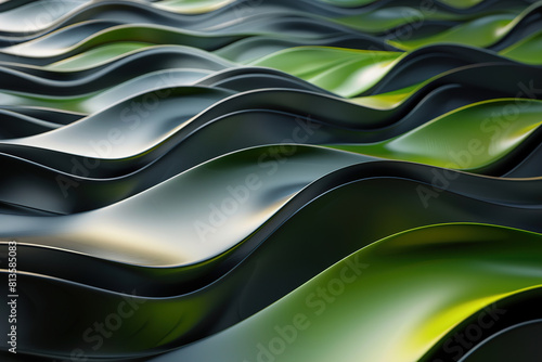 Abstract 3D landscape of smooth green and black metallic waves in a sleek, minimalistic style photo