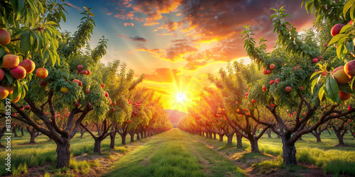 Golden Sunset in lush Peach Orchard with Ripe Fruits on Trees