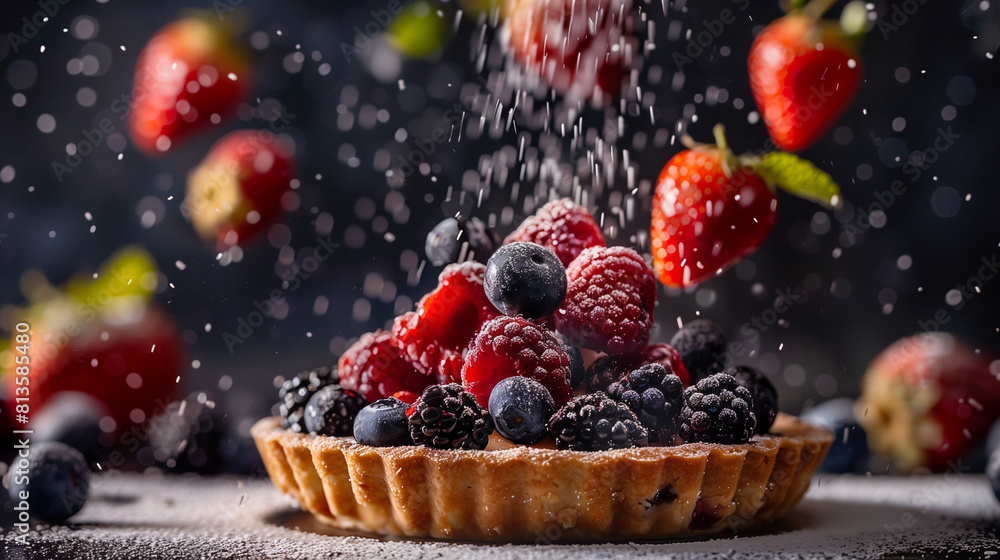 Berry bliss: fresh fruit tart with sugar dusting. Artistic culinary concept, culinary art, creative advertising or food photography. Berry bliss: fresh fruit tart with sugar dusting. Artistic culinary concept, culinary art, creative advertising or food photography.