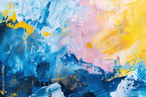 Fototapeta Naklejka Na Ścianę i Meble -  Blue and yellow abstract acrylic paint strokes on canvas