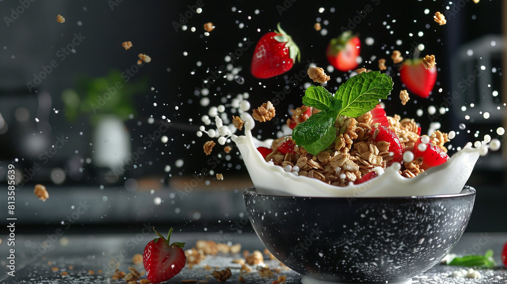 Fresh breakfast bowl with fruits and cereals in dynamic splatter. Dynamic frozen motion of a healthy breakfast bowl with strawberries, granola and milk splash on a dark kitchen background. Fresh breakfast bowl with fruits and cereals in dynamic splatter. Dynamic frozen motion of a healthy breakfast bowl with strawberries, granola and milk splash on a dark kitchen background.