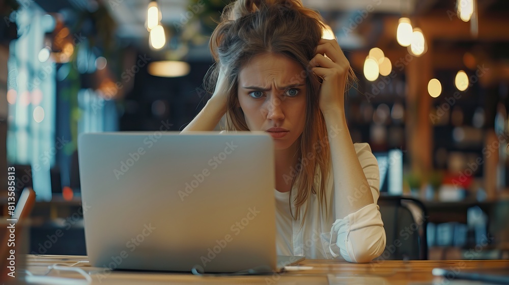 Stressed businesswoman with headache working late on laptop in office Stressed businesswoman with headache working late on laptop in office