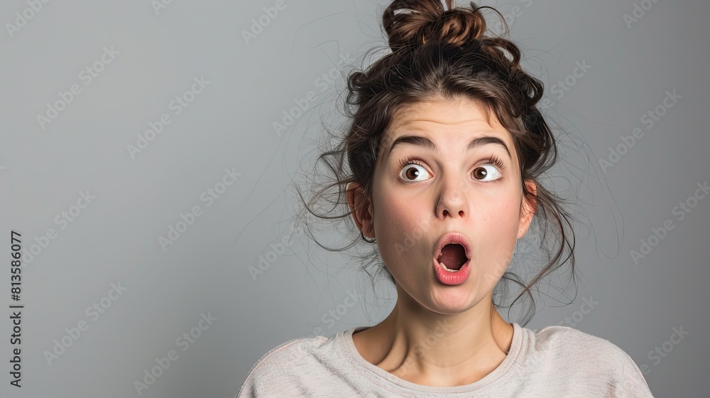 Surprised young woman with wide eyes and open mouth, showing shock. Surprised young woman with wide eyes and open mouth, showing shock.
