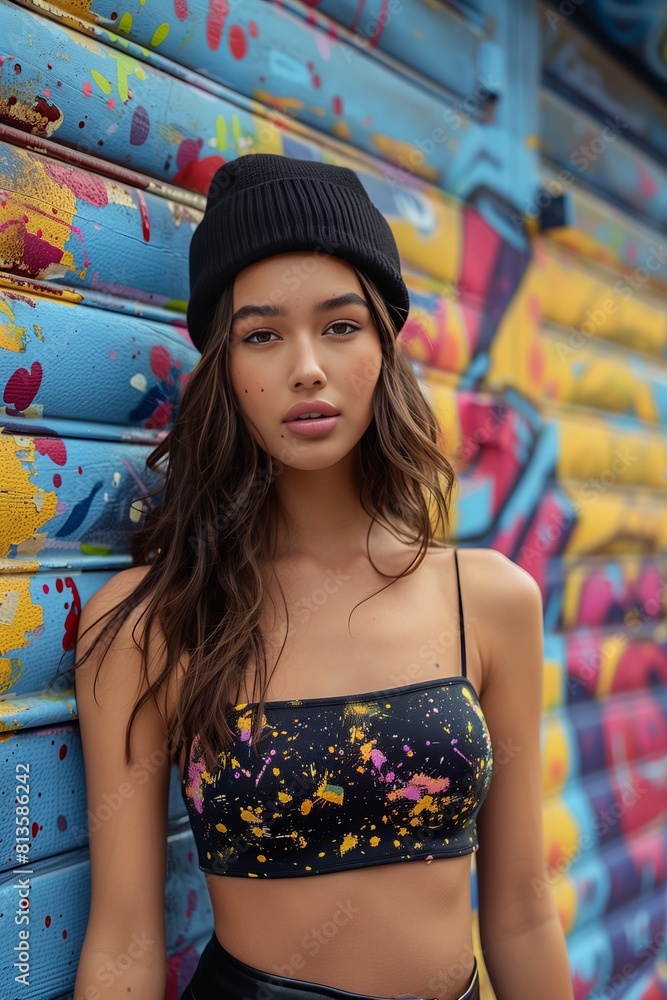 A model with long hair and a black hat poses in front of a colorful wall. A model with long hair and a black hat poses in front of a colorful wall.