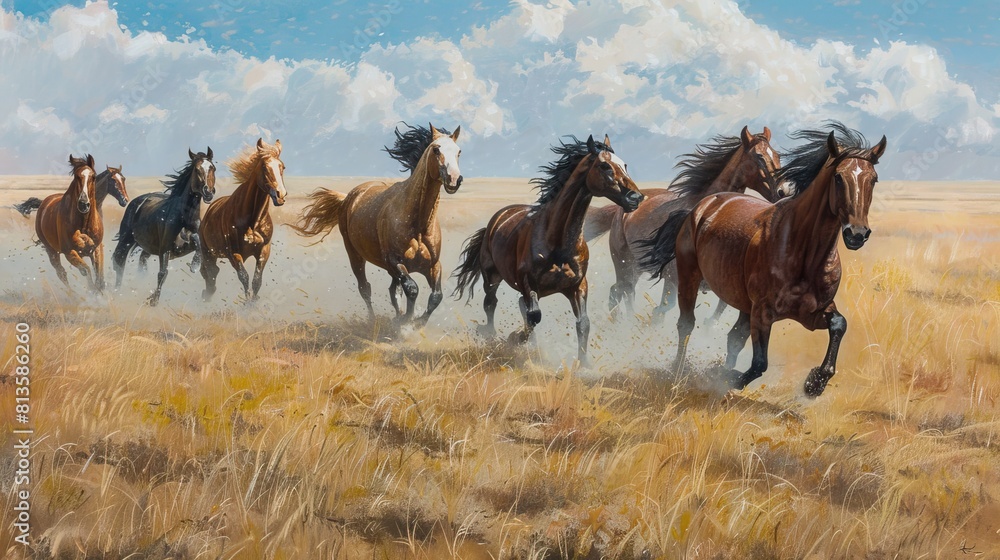 Wild horses running free across a golden field with a vintage textured overlay. Wild horses running free across a golden field with a vintage textured overlay.