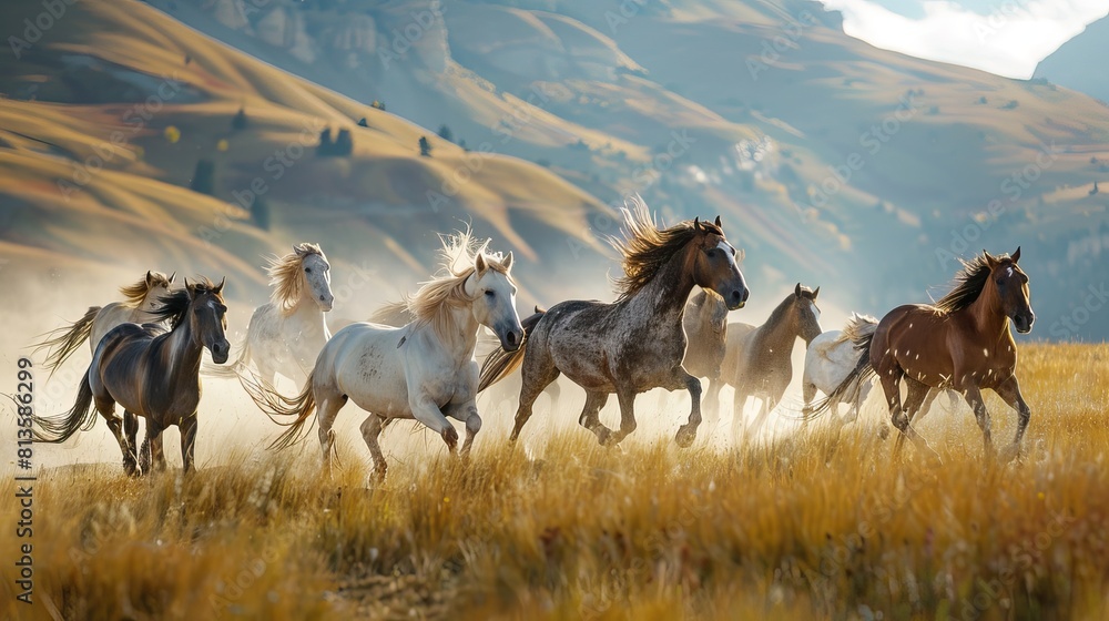 Obraz premium Wild horses running free across a golden field with a vintage textured overlay.