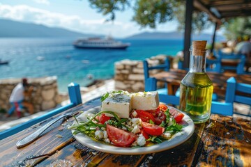 Greek salad with feta cheese and olive oil on plate. Greek healthy food