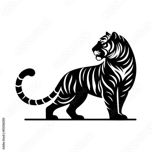 Jungle Sovereign: Vector Tiger Silhouette, Embodiment of Power and Majesty- Minimalist Tiger Vector- Tiger Illustration.