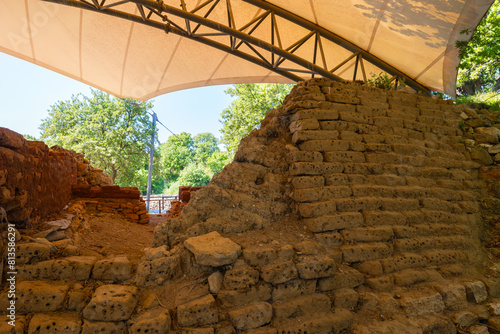 Reconstructed mudbrick walls of Troy ancient city photo