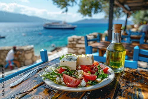 Greek salad with feta cheese and olive oil on plate. Greek healthy food