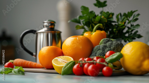 Fresh and healthy nutritious meal ingredients. Vibrant selection of fresh vegetables and fruits with a stainless steel dish in a modern kitchen setting. 