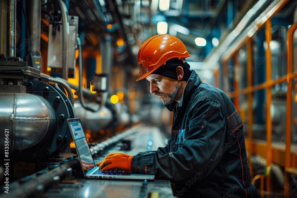 An engineer reviewing safety protocols on a laptop inside a bustling factory, captured in documentary photography style, highlighting industry standards for a technical magazine An engineer reviewing safety protocols on a laptop inside a bustling factory, captured in documentary photography style, highlighting industry standards for a technical magazine