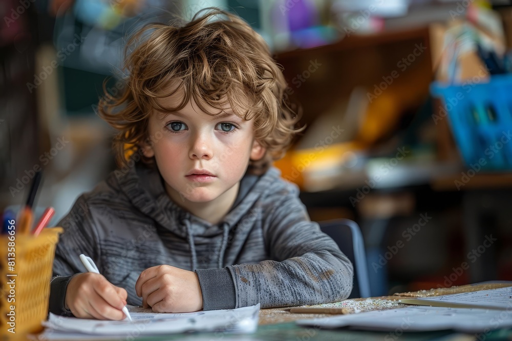 Editorial photography of a student working on a classroom project, capturing the focus and creativity of young learners, ideal for an educational methods magazine Editorial photography of a student working on a classroom project, capturing the focus and creativity of young learners, ideal for an educational methods magazine
